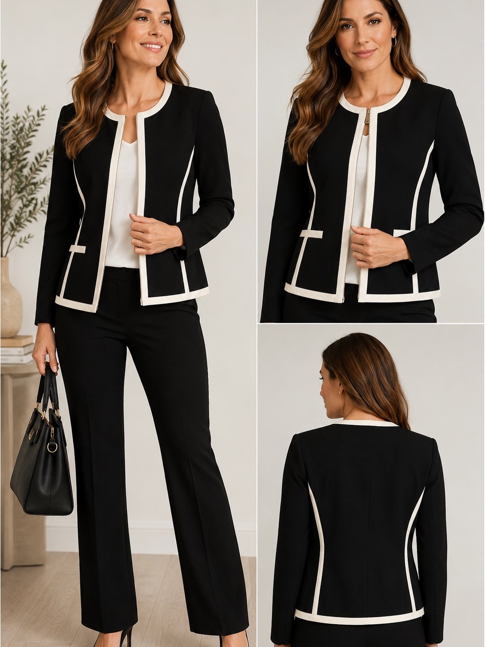 EARLY 2000s Nygard Collection Black Ivory Contrast Trim Zip Career Jacket Blazer